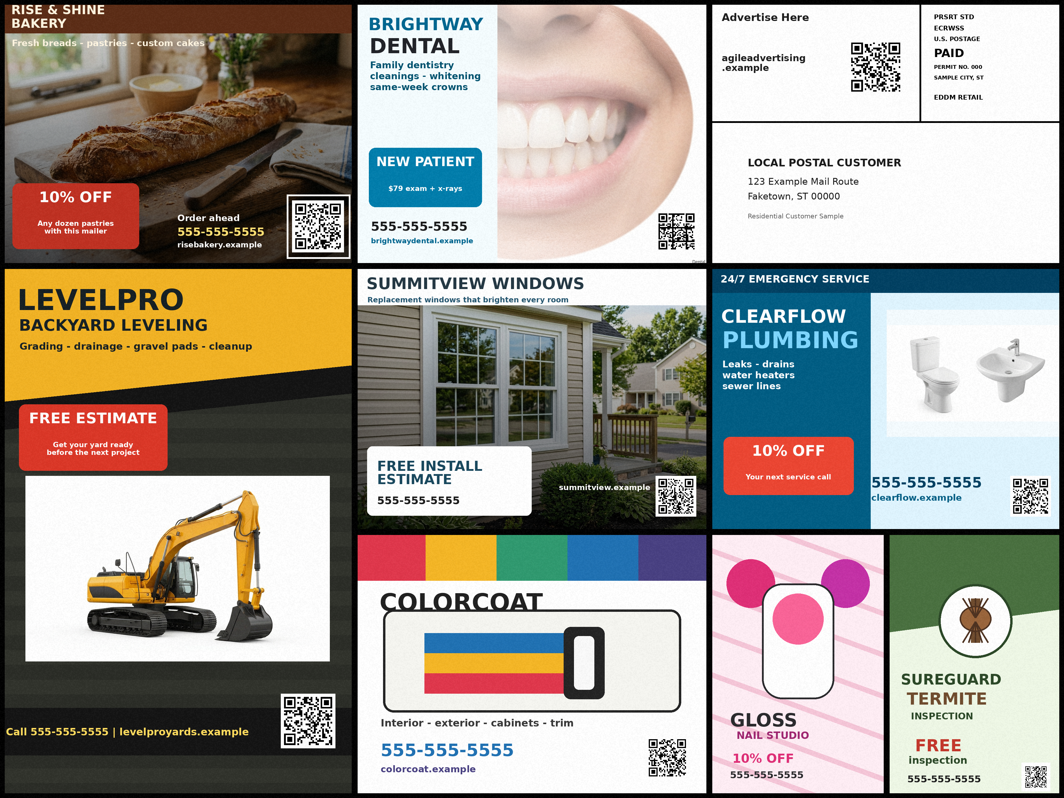 Example shared mailer divided into six fictional local business advertisements